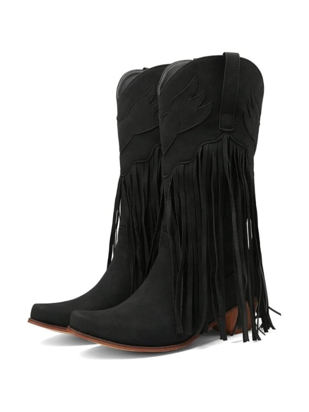 Women's Black Fringe Cowboy Boots Square Toe Mid Calf Embroidered Western Boots